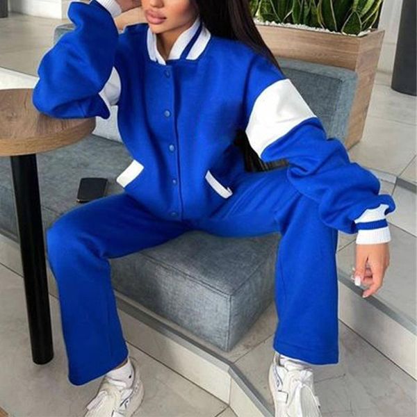 

women's two piece pants winter women baseball jacket suit 2 set loose coat straight trouser suits 2021 autumn sportswear varsity hiphop, White