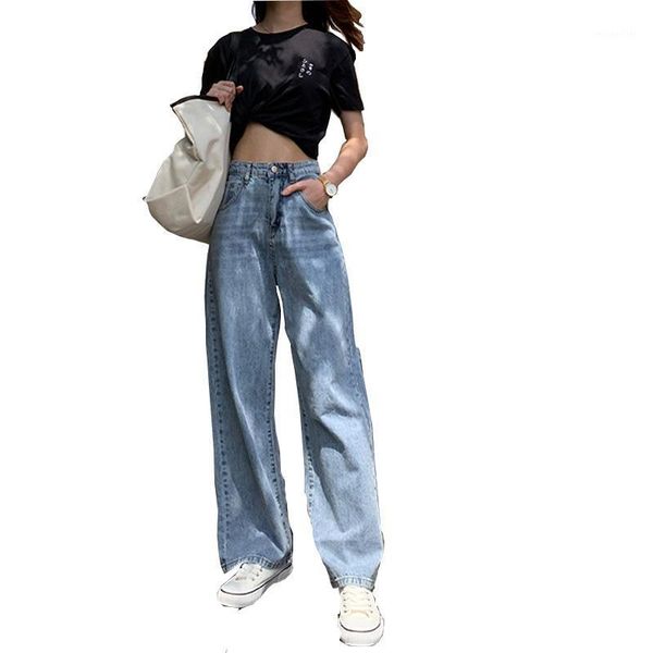

women's jeans spring and autumn retro style high waist solid color wide leg women street slim straight ladies d425, Blue
