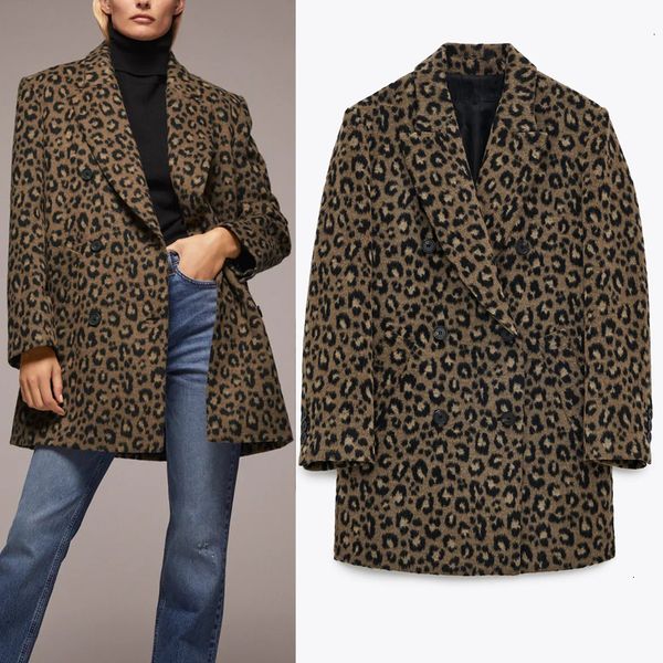 

New Vintage 2021 Leopard Double Breasted Blazer Coat Women Autumn Winter Animal Printed Lapel Collar Sleeve Long Elegant Coats Lqss UATD, White;black