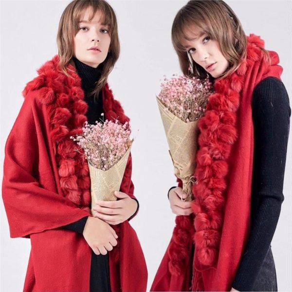 

scarves 100% real genuine cashmere wrap scarf shawl stole women's fashion cape tassels fur balls pompoms big warm grey, Blue;gray