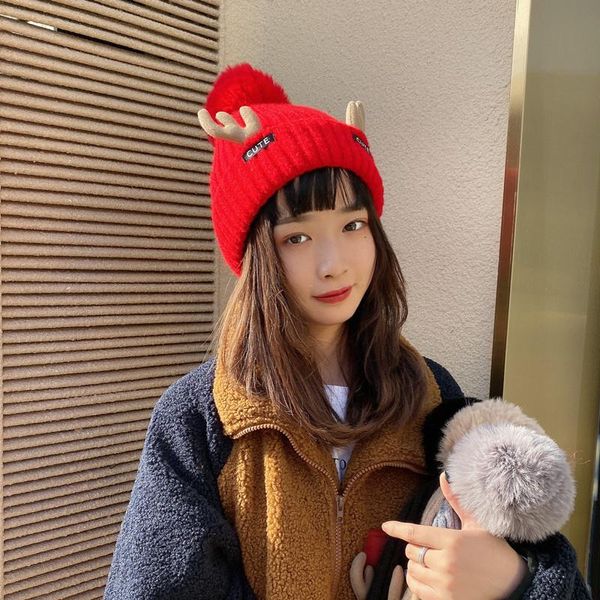 

beanies windproof hat female autumn winter knitted cap christmas antler decoration girls women warm