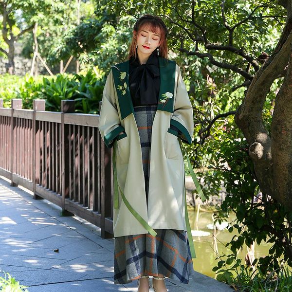

women's trench coats embroidered streamers lapel long f015, Tan;black