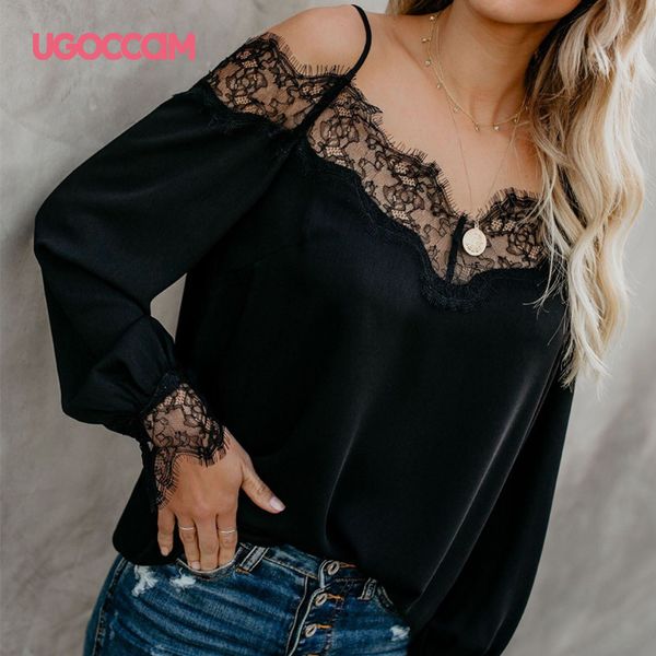 

ugoccam blouse women hollow out lace patchwork blusas v-neck strapless long sleeve elegant blouse shirts solid women blouses 210225, White