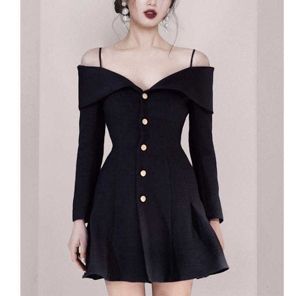

luxury evening dress 2021 small suspender skirt straight shoulder v-neck waist a-line black high-end dr, Black;gray