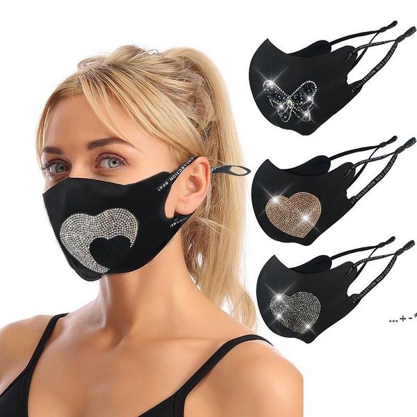 NEUGesichtsmasken aus Stoff, Strasssteine, Liebesherzen, Muster, Seil, dehnbare Maske, atmungsaktiv, staubdicht, schwarze Gesichtsmaske CCB9443