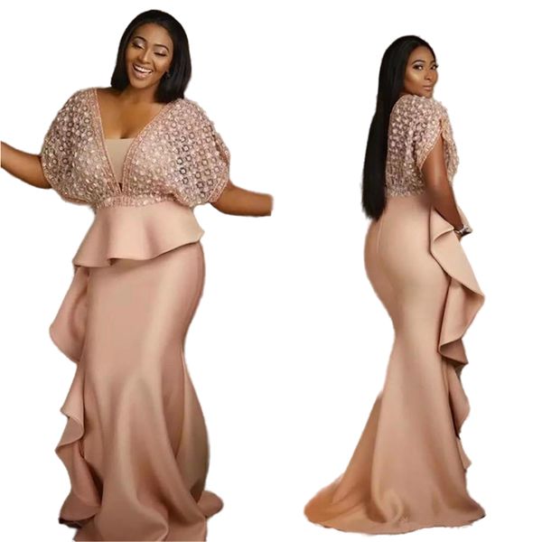 2021 Plus Size Afrikanische Meerjungfrau Ballkleider V-Ausschnitt Rüschen Schößchen Kurzarm Formale Abendkleider Frauen Trompete Besonderes Partykleid