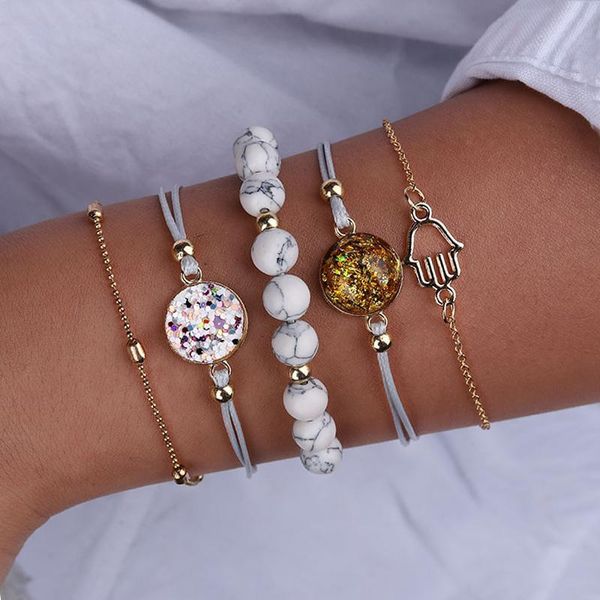 

charm bracelets 5pcs/set bohemian marble stone beads bracelet set for women palm bangles fashion gold color jewelry party gifts, Golden;silver