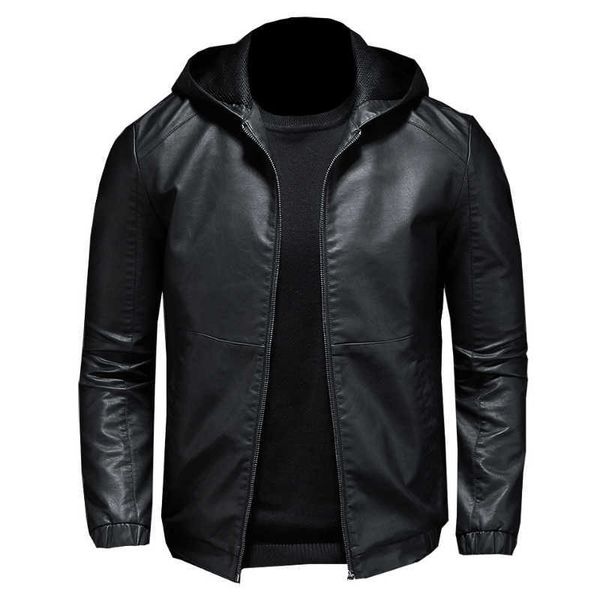 

faux leather jacket men's windproof slim large size hooded leather jacket casual black pu jacket m-5xl 210928