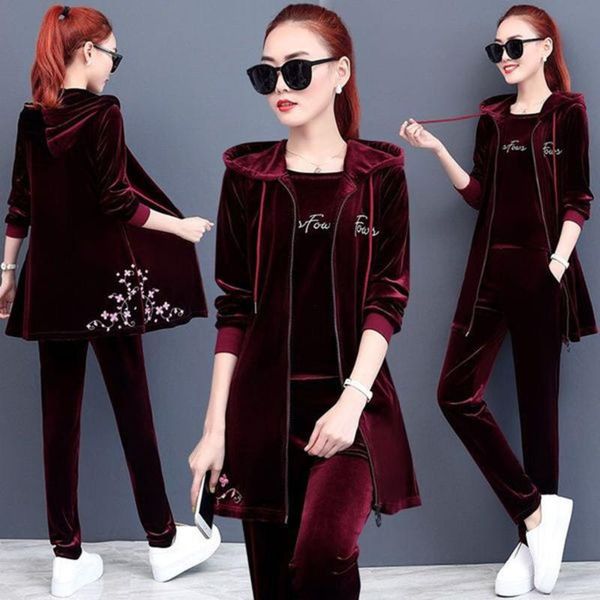 

women's two piece pants spring autumn clothes set hoodie jacket t-shirt and velour tracksuit women sets leisure 3 pieces velvet outfits, White