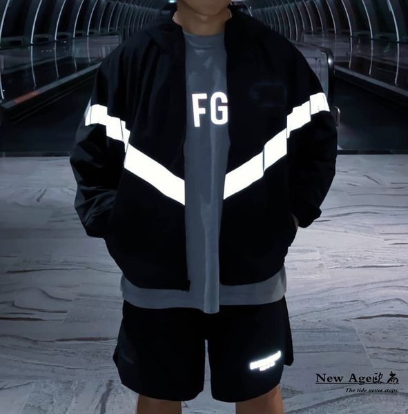 

feel of god double line essentials fog national tide reflective strip jacket men's high street jacket, Black