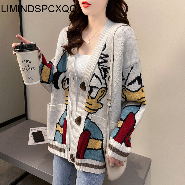 

women sweaters cardigans button office lady sweater autumn spring korean fashion knitted coat cartoon print loose knitwear, Black