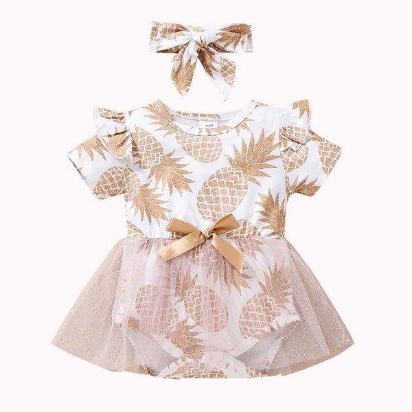 

rompers 2pcs baby summer romper suit, pineapple print o-neck short sleeves jumpsuit skirt with hairband for toddler girls, 0-12 months, Blue