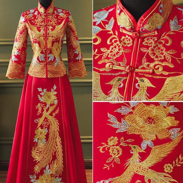 

ethnic clothing embroidery phoenix bride wedding dress elegant cheongsam mandarin collar chinese exquisite marriage set plus size 3xl 4xl, Red