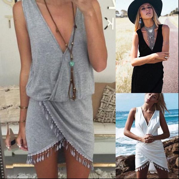 

boho sunner women sarong bikini cover up deep v neck beach dress with tassel beachwear swimwear solid tunic dresses, Black;gray