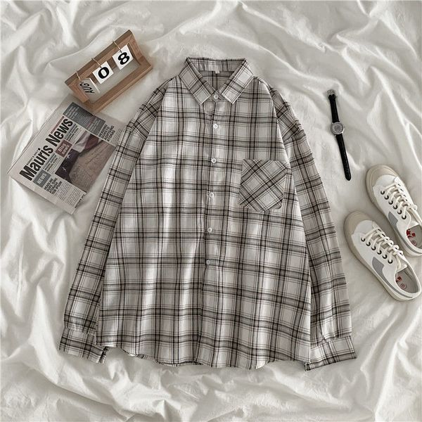 

women shirt plaid oversize 3xl turn-down collar leisure fashion loose all-match womens long sleeves soft chic korean style, Black;green