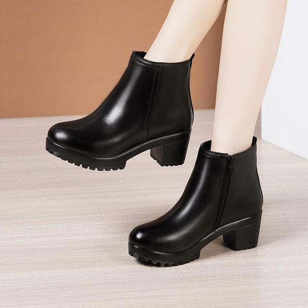 

boots medium heel thick short women winter 2021 sole platform ankle black mother's shoe