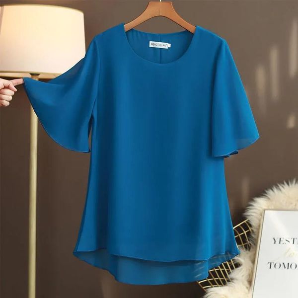 

women's blouses & shirts moyisu 2021 summer chiffon shirt irregular hem short sleeve o-neck blouse casual solid womens loose oversized, White