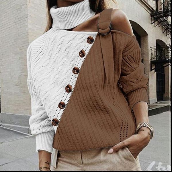 

fashion button turtleneck knitted sweaters women jumper autumn winter strap pullover long sleeve one shoulder knitwear female, White;black