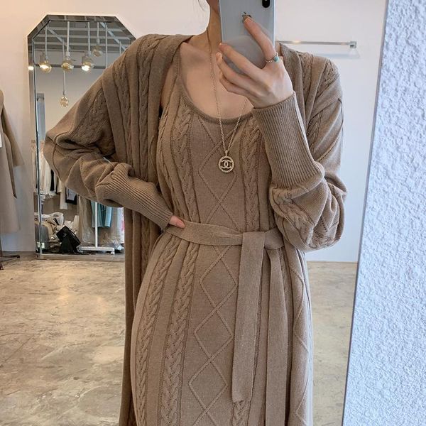 

women's fashions long mesh cardigans coat and sleeveless dress of two pieces define feminine soft sundresss suit new warm sale in msyi, Black