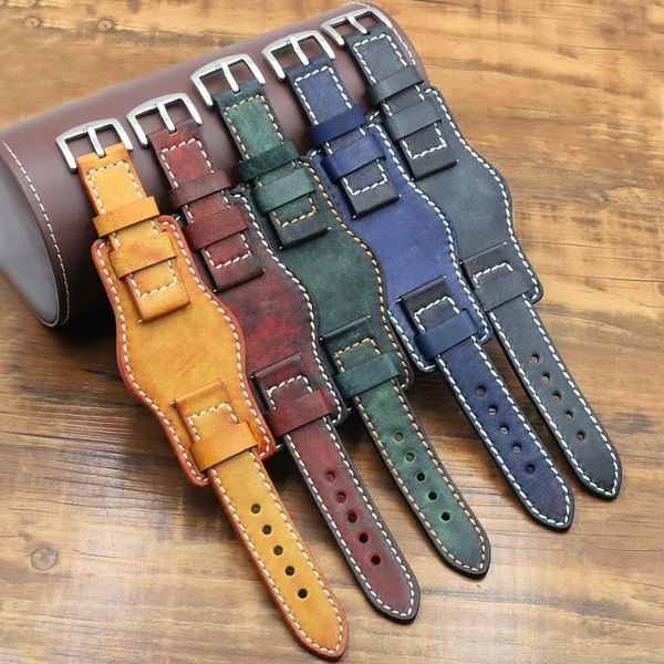 

watch bands vintage cow leather strap 20mm 22mm 24mm stainless steel silver buckle genuine band for accessories, Black;brown