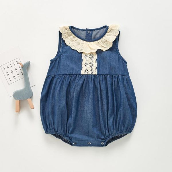 

rompers 2021 summer baby girl bodysuit thin denim jumpsuit for girls princess fashion overalls with white lace onesie, Blue
