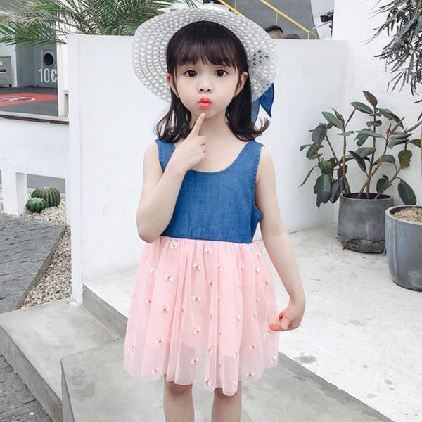 

girl's dresses summer fashion girls dress toddler baby sleeveles bowknot denim splice floral print tulle princess dress+hat robe bÃ©bÃ©, Red;yellow