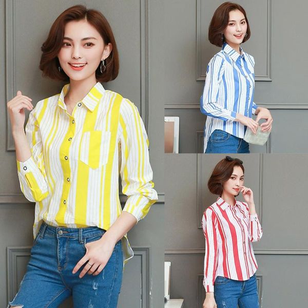 

fashion office striped blouse shirt buttons pocket casual summer ladies loose female women long sleeve shirt blusas, White