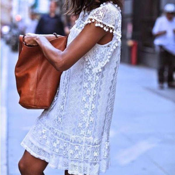 

casual dresses sleeveless white lace women 2021 summer elegant pom trim floral hollow out mini short dress beachwear bohemian, Black;gray