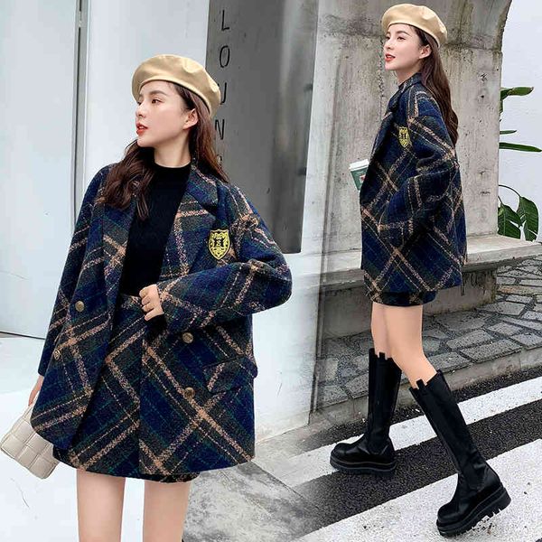 

two piece dress autumn winter fashion plaid tweed 2 set women turn down collar double breasted thick blazer jacket+a-line skirts suits 0z28, White