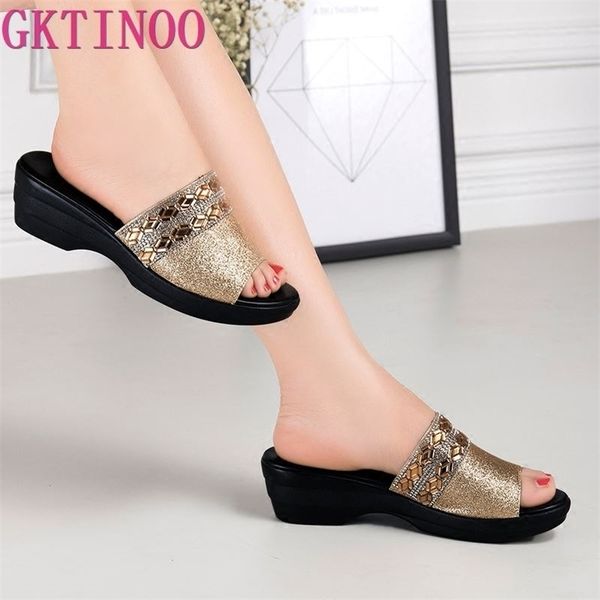 

gktinoo women slippers shoes genuine leather slip on outside slides ladies fashion wedges summer beach thick sole flip flop 210310, Black