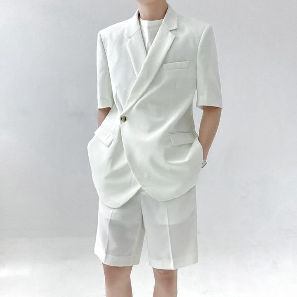 

men's suits & blazers 2021 summer simple solid color trend short sleeve blazer + loose straight casual suit shorts two pieces set, White;black