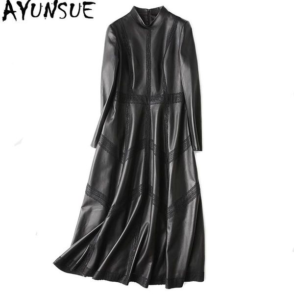 

women's leather & faux ayunsue genuine jacket autumn women sheepskin coat female streetwear long trench coats vintage windbreaker my435, Black