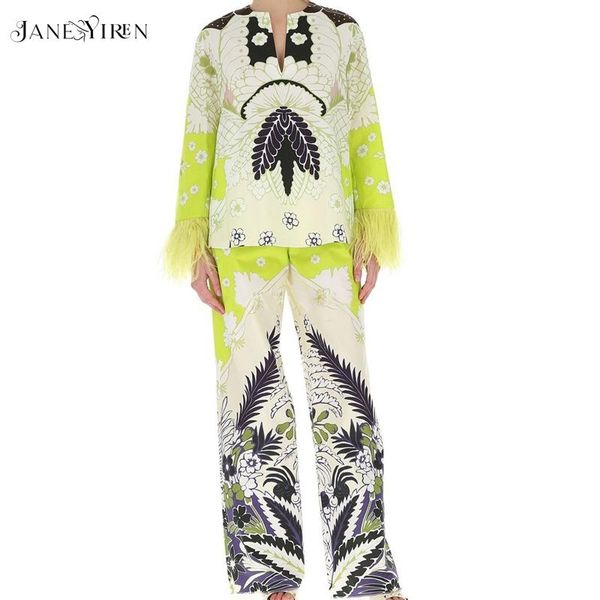 

women's two piece pants janeyiren spring/autumn designer fashion 2-piece set women feather long-sleeved graphic print trousers casual s, White