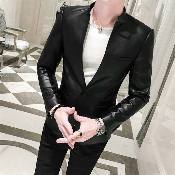 

2021 new preto slido fino blazer jaqueta de couro do plutnio dos homens um boto gola negcios casual blazers masculino terno coreano k9vi, White;black