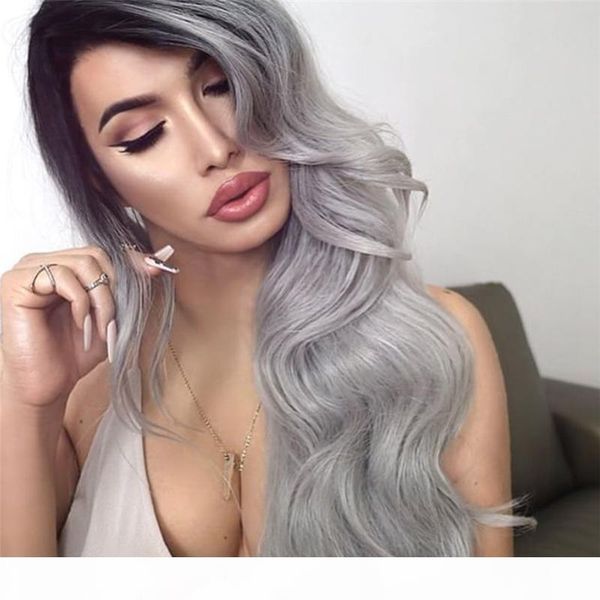 

new arrival 1b grey ombre hair wig body wave virgin hair full lace wig silver grey 2 tone lace front wig, Black;brown