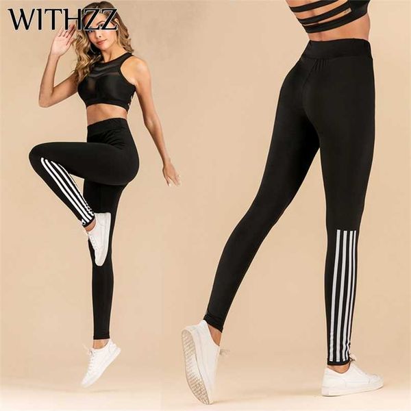 

withzz stretch fashion pull strip printed high waist sportleggings women workout leggings 211014, Black
