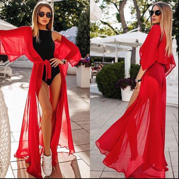 

summer women swimwear cover up beach cover ups chiffon long dress elegant solid beach bathing suit tunic kaftan, White