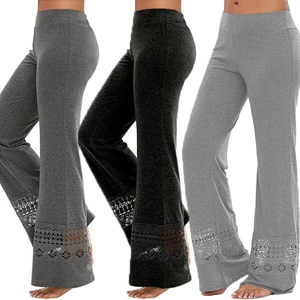 

women's leggings women lace hollow wide leg casual pants sports solid color leggingpants, Black