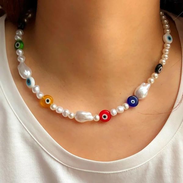 

chokers 2021 evil eye charm pearl necklace statement short choker for women vacation jewelry, Golden;silver