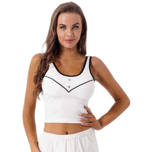 

women's tanks & camis women girls removable chest pad t-shirt casual u neck sleeveless cropped tank camisole button decor vest, White