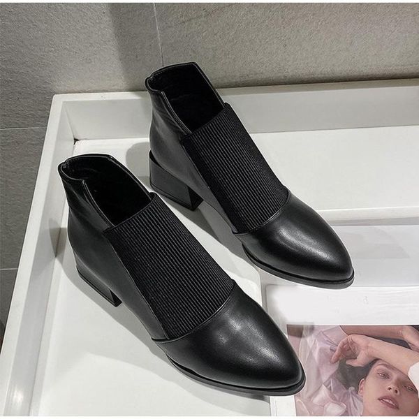 

boots female casual woman footwear drop women ankle ladies slip on suede stretch fabric elegant shoes chunky heels, Black