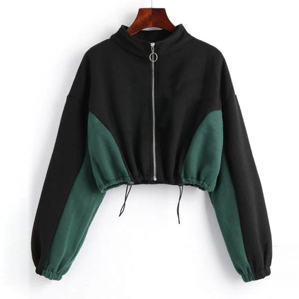 

women's hoodies & sweatshirts s-xl women dark green block stitching crop hoodie round neck zipper long sleeve corset trendy cool street, Black
