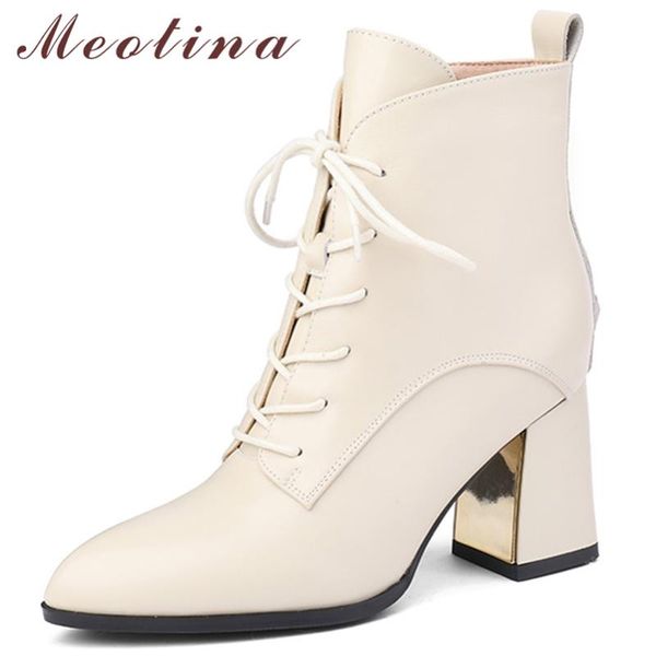 

boots meotina ankle women genuine leather pointed toe thick high heel zipper lace up lady beige autumn winter 33-46, Black