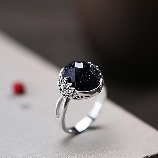 

cluster rings design silver inlaid oval lotus black crystal ladies ring opening adjustable classical temperament luxury jewelry, Golden;silver
