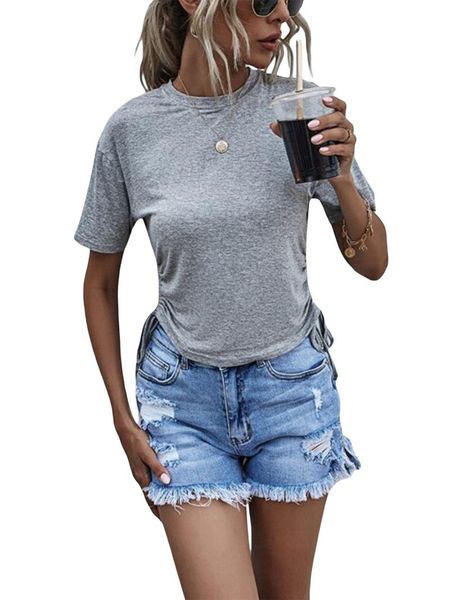 

women's t-shirt t-shirt, solid color short sleeve round neck drawstring for vacation party dating, White