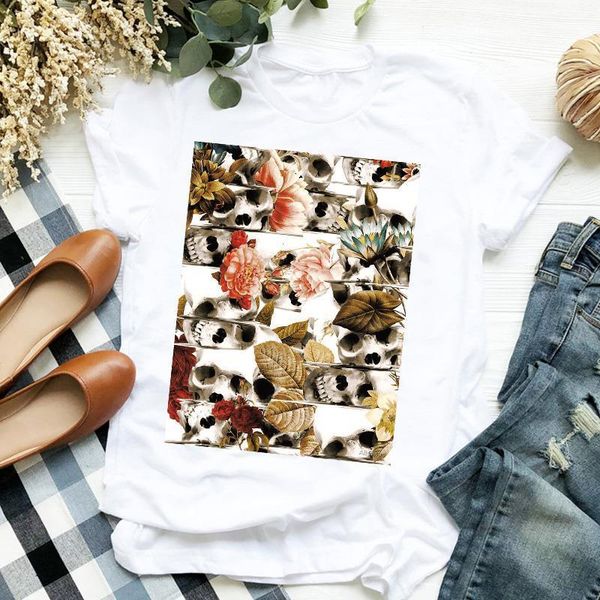 

women lady cartoon compass floral skull horror print ladies t tee womens shirt clothes tshirt female graphic t-shirt, White