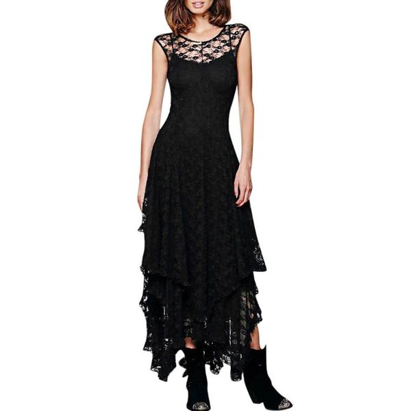 

casual dresses women solid lace long dress hippie style asymmetrical double layered ruffled trimming low v-back jurken #g2, Black;gray