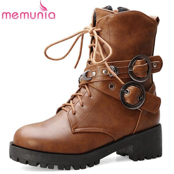 

boots memunia 2021 arrival women ankle lace up zip buckle rivet motorcycle autumn winter low heel platform shoes woman, Black
