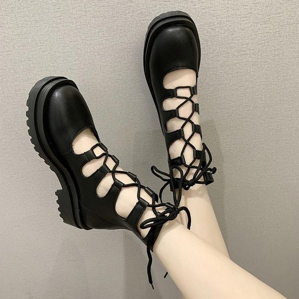 

boots rimocy hollow out candy color leather women round toe lace up gladiator comfy sandals woman platform summer shoes, Black
