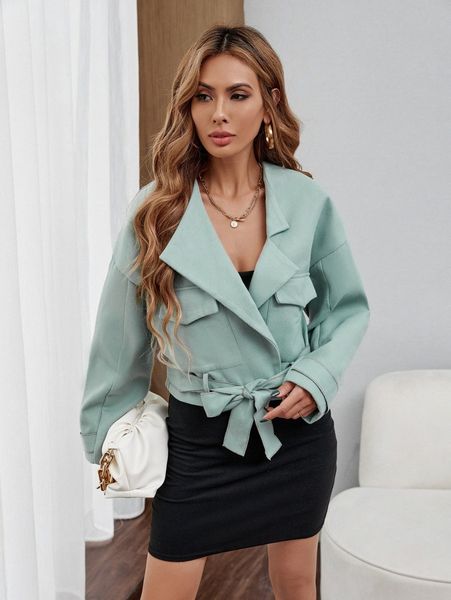 

flap pocket drop shoulder belted overcoat 91x0#, Black